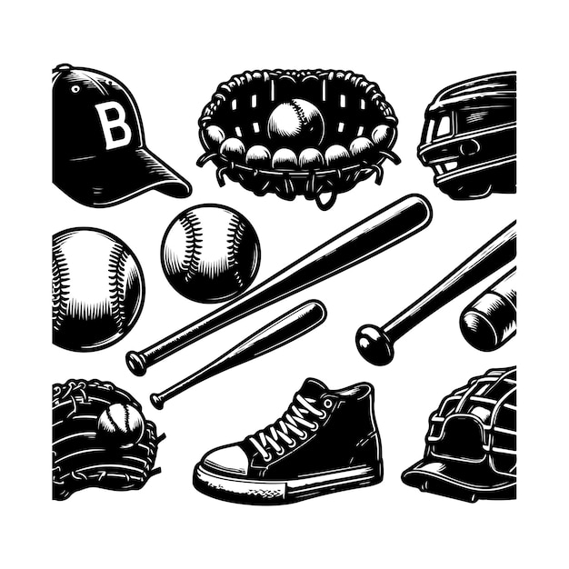 Baseball element Set silhouette vector and hand drawn doodle