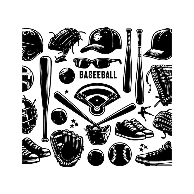 Baseball element Set silhouette vector and hand drawn doodle