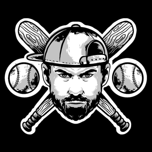 baseball face player with hat and stick  