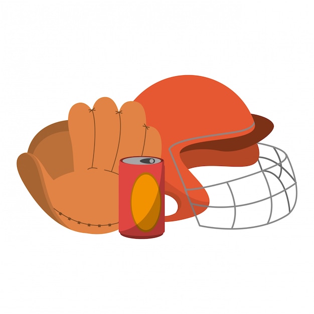 baseball glove helmet and soda can