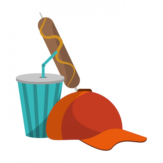 baseball hat soda cup and sausage stick