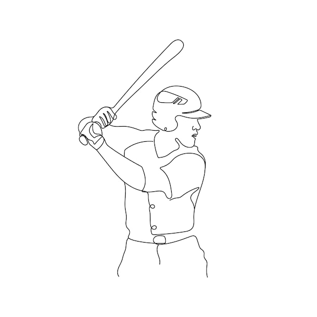 Baseball player practice to hit the ball. American cricket man player. One line vector illustration.