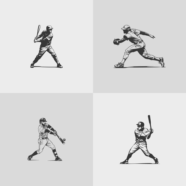 Vector baseball player silhouette softball sports game vector set design