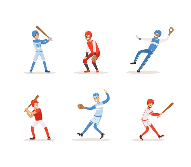 Vector baseball players set cheerful softball athletes characters in uniform in different poses cartoon vector illustration