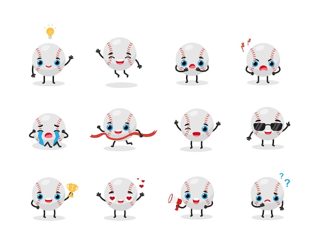 Baseball set of sports emotions characters Flat vector illustration