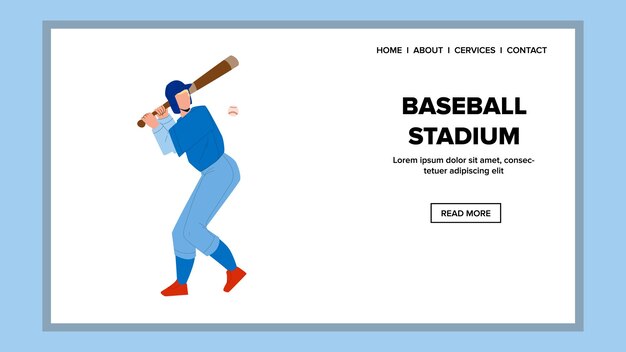 Vector baseball stadium for playing sportive game vector. on baseball stadium playing professional player with wooden bat and ball. character hitting action on field web flat cartoon illustration