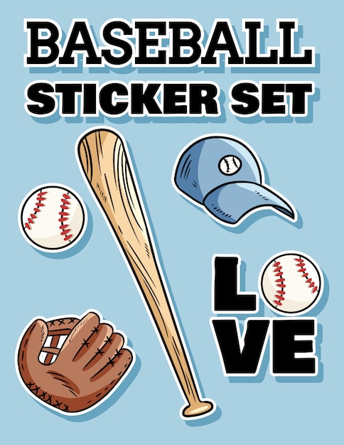 Baseball sticker set. Baseball bat, hat and catchig glove label doodles