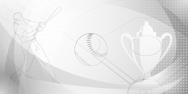 Vector baseball themed background in gray tones with abstract lines dots and curves with silhouettes of a baseball field cup ball and batsman