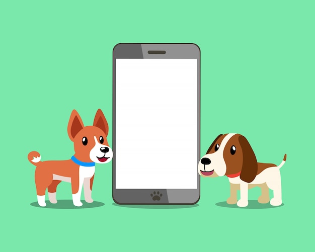 Basenji dog and hound dog with smartphone