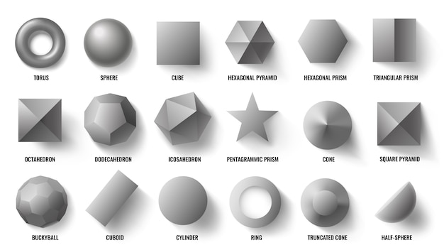 Basic 3d shapes top view. Realistic pyramid shape, geometric polygon figures and hexagon symbol concept