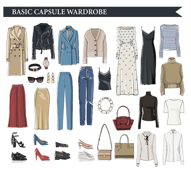 Basic capsule wardrobe for elegant women vector