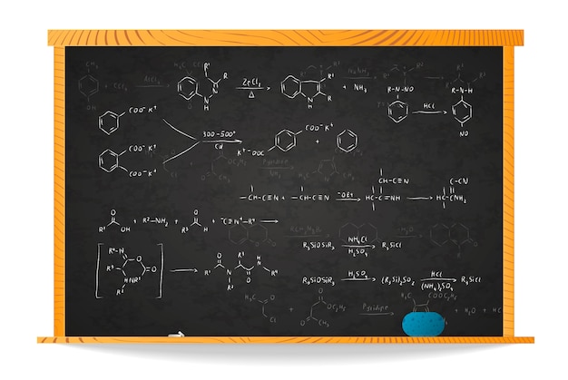 Basic chemical reaction equations and formulas on school blackboard in wooden frame isolated