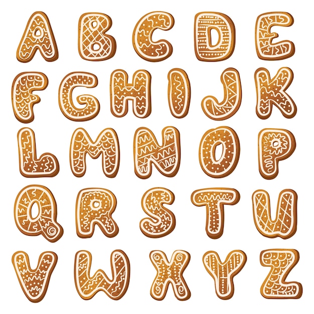 Basic Christmas cookies in the form of alphabet from a to z with doodle confectionery glaze