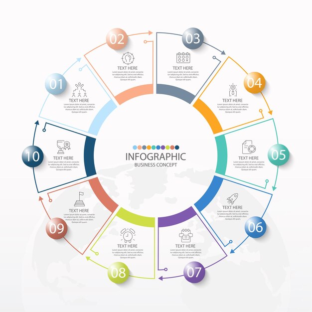 Basic circle infographic template with 10 steps, process or options