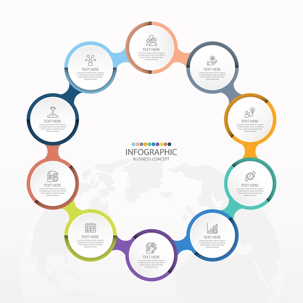 Basic circle infographic template with 10 steps.