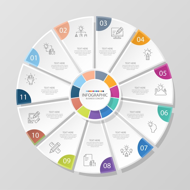 Basic circle infographic template with 11 steps, process or options, process chart, Used for process diagram, presentations, workflow layout, flow chart, infograph. Vector eps10 illustration.