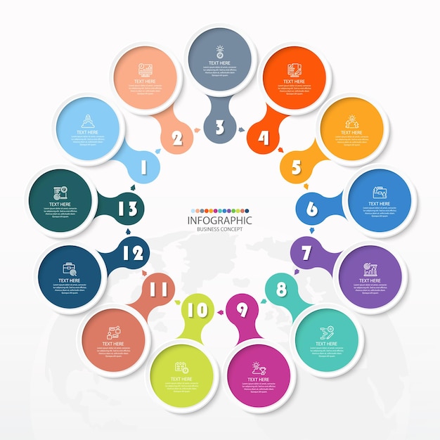 Basic circle infographic template with 13 steps, process or options.