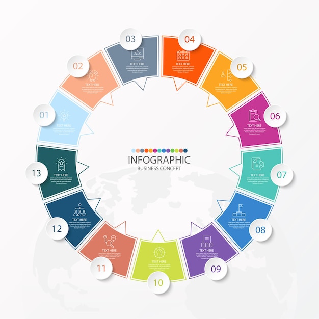 Basic circle infographic template with 13 steps, process or options