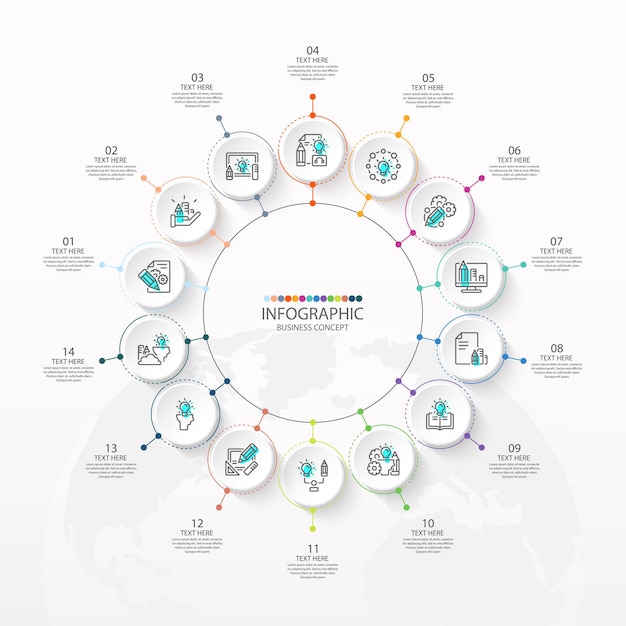 Basic circle infographic template with 14 steps, process or options, process chart, Used for process diagram, presentations, workflow layout, flow chart, infograph. Vector eps10 illustration.