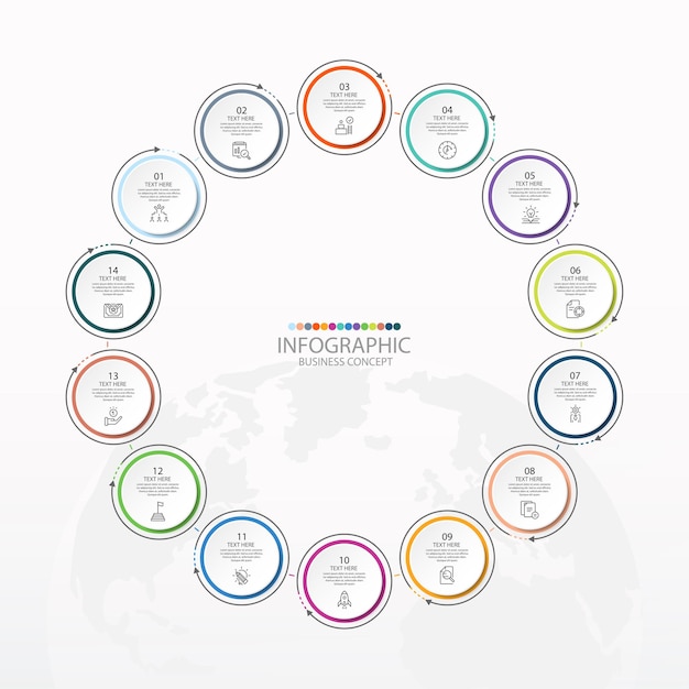 Basic circle infographic template with 14 steps, process or options, process chart, Used for process diagram, presentations, workflow layout, flow chart, infograph. Vector eps10 illustration.