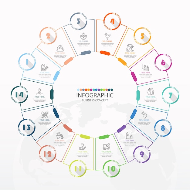 Basic circle infographic template with 14 steps, process or options, process chart, Used for process diagram, presentations, workflow layout, flow chart, infograph. Vector eps10 illustration.