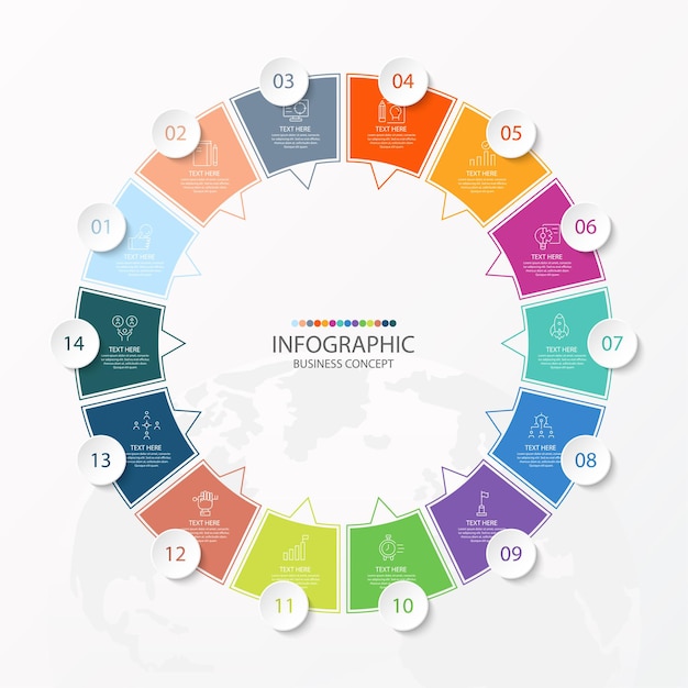 Basic circle infographic template with 14 steps, process or options