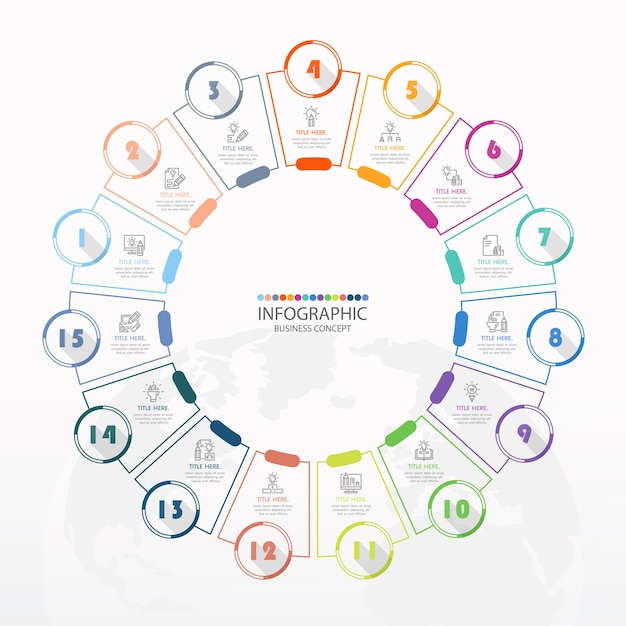 Basic circle infographic template with 15 steps, process or options, process chart, Used for process diagram, presentations, workflow layout, flow chart, infograph. Vector eps10 illustration.