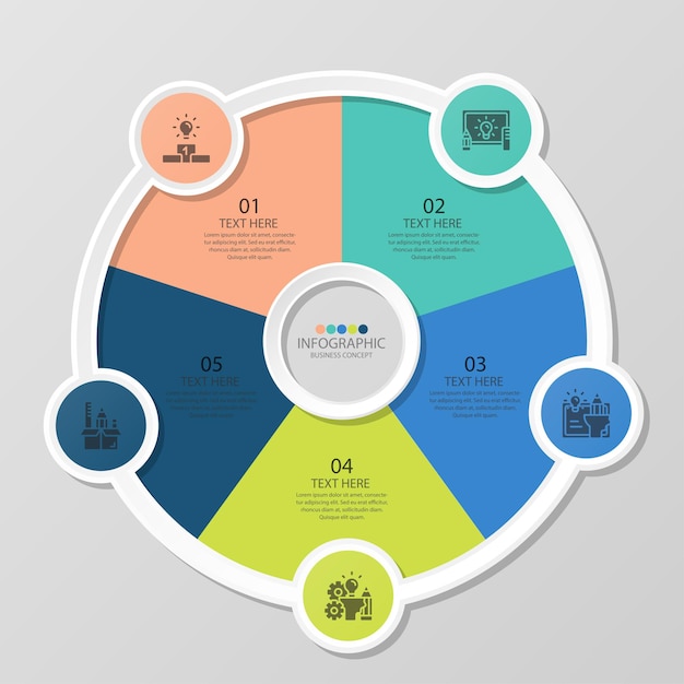 Basic circle infographic template with 5 steps, process or options, process chart, Used for process diagram, presentations, workflow layout, flow chart, infograph. Vector eps10 illustration.