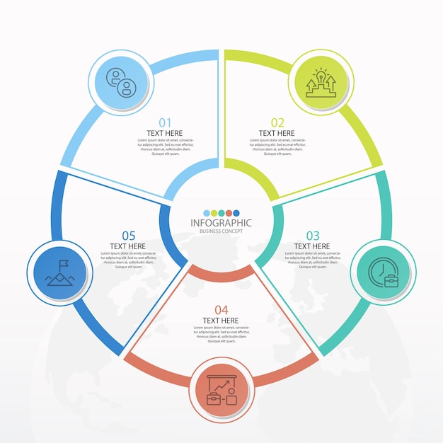 Basic circle infographic template with 5 steps, process or options, process chart, Used for process diagram, presentations, workflow layout, flow chart, infograph. Vector eps10 illustration.