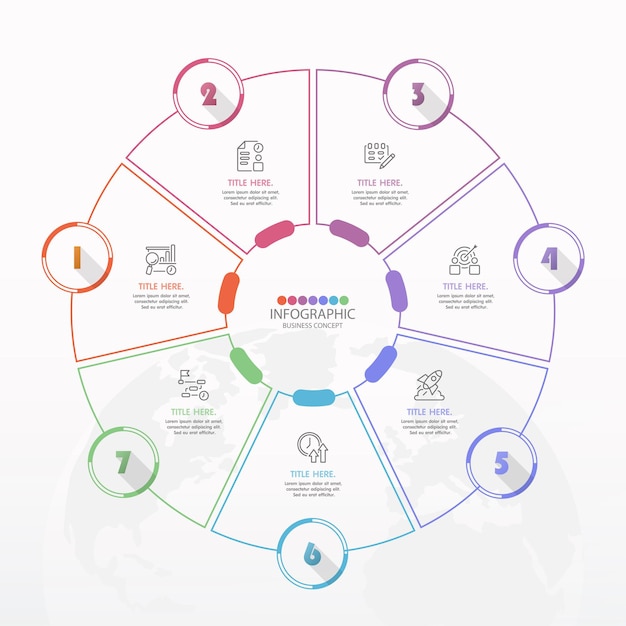 Basic circle infographic template with 7 steps, process or options, process chart, Used for process diagram, presentations, workflow layout, flow chart, infograph. Vector eps10 illustration.