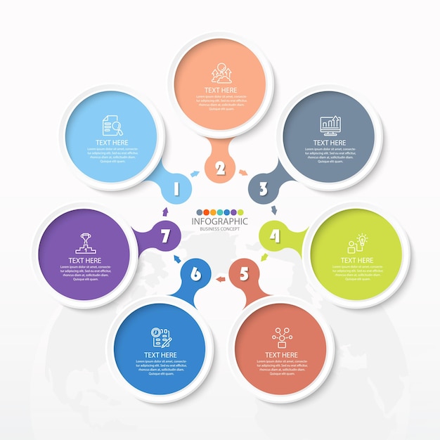 Basic circle infographic template with 7 steps, process or options.