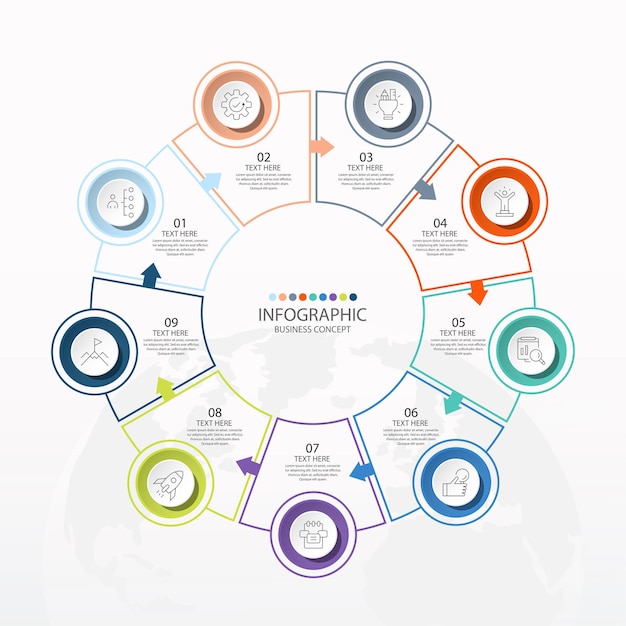 Basic circle infographic template with 9 steps, process or options, process chart