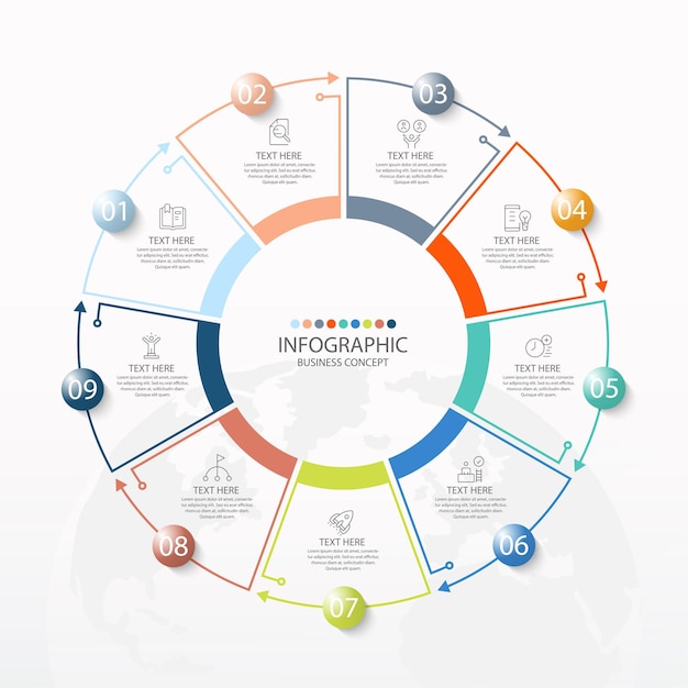 Basic circle infographic template with 9 steps, process or options