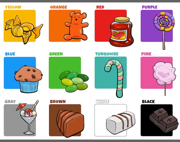 basic colors set with cartoon sweet food objects