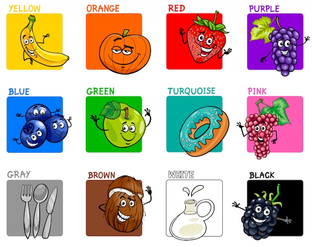 Basic colors set with fruits and food