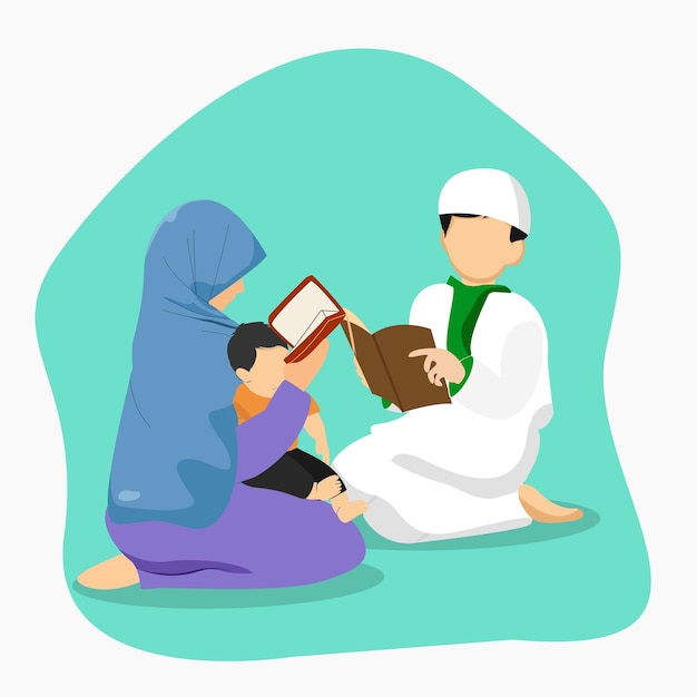 Basic RGB Muslim family characters are reading the Qur'an