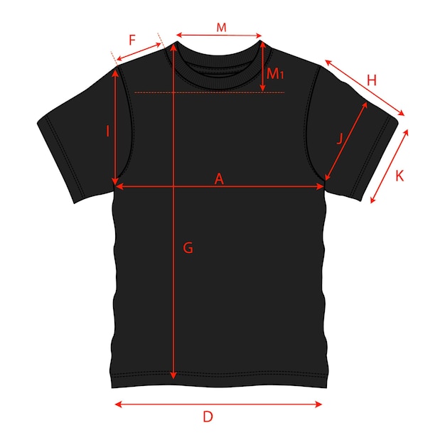 Basic T shirt Technical Drawing Flat sketch With Measurement guide Detail.