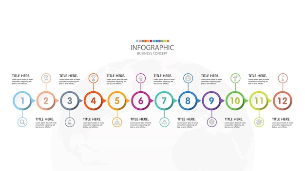 Basic timeline infographic template with 12 steps, process or options, process chart, Used for process diagram, presentations, workflow layout, flow chart, infograph. Vector eps10 illustration.