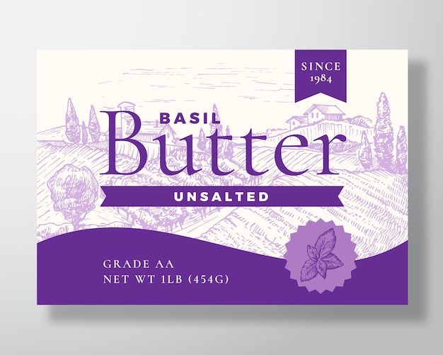 Basil Butter Dairy Label Template Abstract Vector Packaging Design Layout Modern Typography Banner with Hand Drawn Violet Herb and Rural Landscape Background