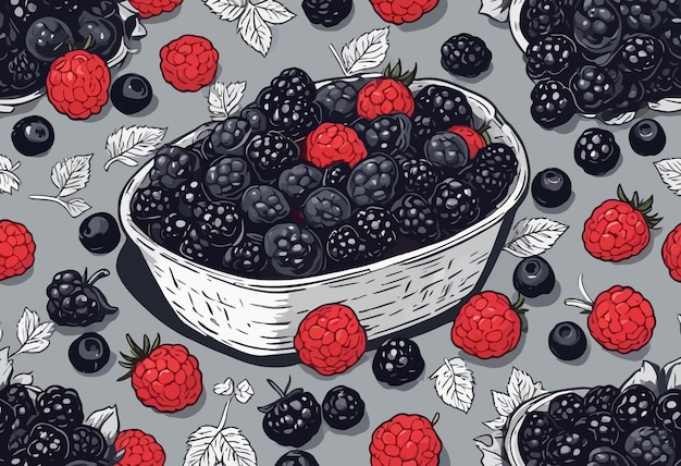 Vector a basket of blackberries and raspberries with leaves and berries