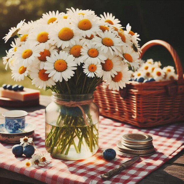 Vector a basket of daisies sits on a table with a basket of blueberries