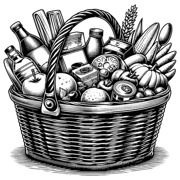 Vector basket filled with assorted groceries in black and white illustration vector generative ai