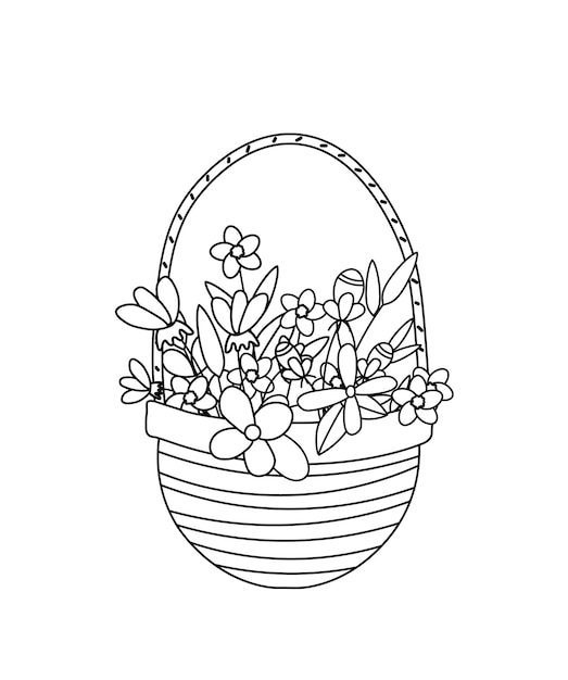 Basket of flower Coloring page Black and white basket of flowers Vector