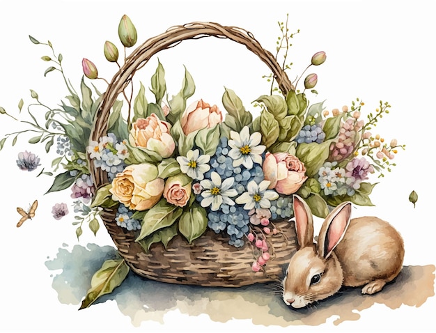 A basket of flowers and a bunny