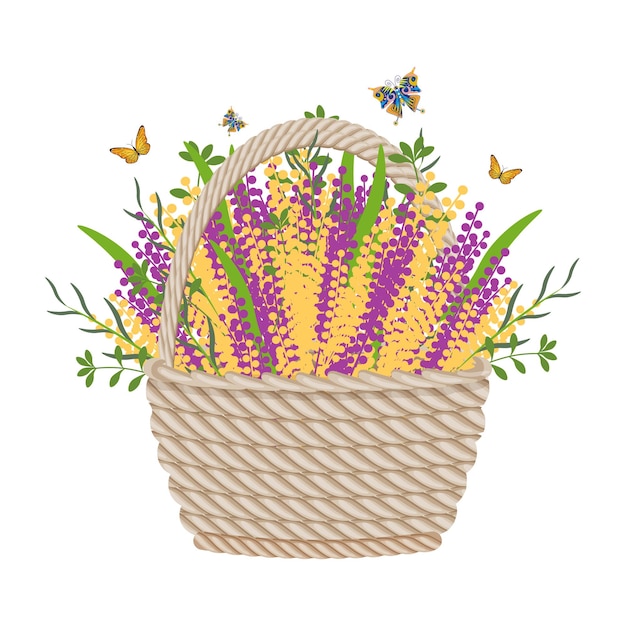 Basket of flowers with butterflies on a white background Spring summer illustration vector