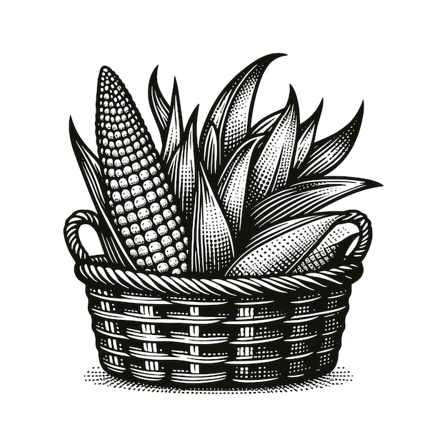 a basket of food and a plant with leaves sketch vector