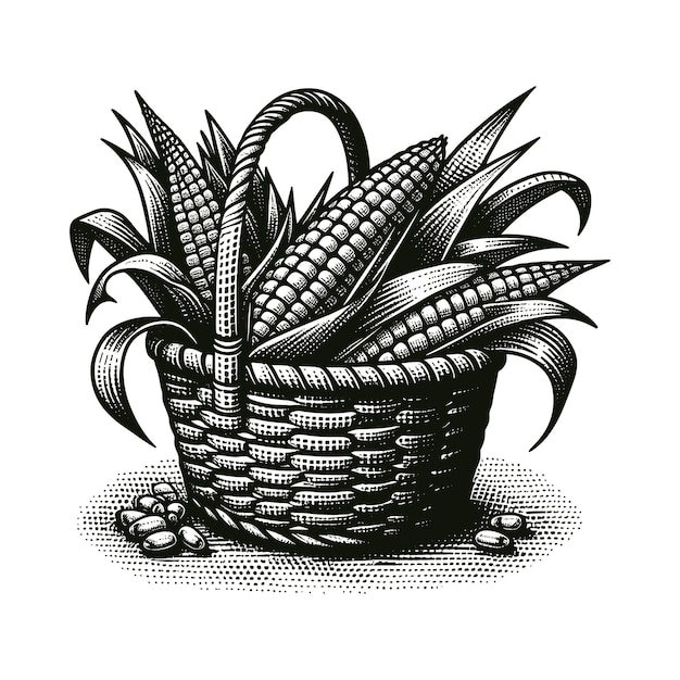 a basket of food and a plant with leaves sketch vector