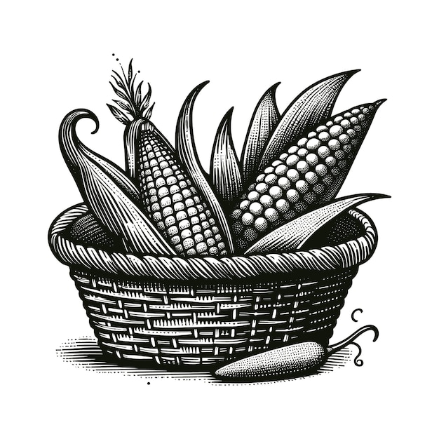 a basket of food and a plant with leaves sketch vector