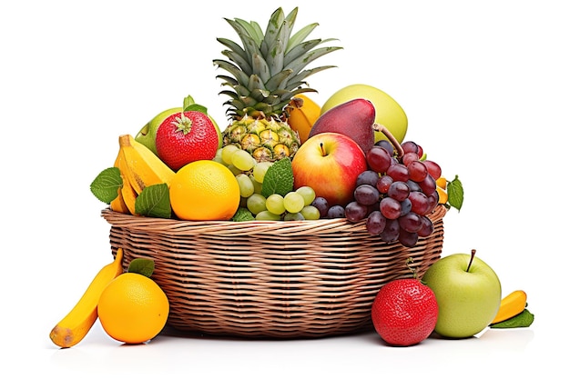 a basket of fruit including a pineapple bananas and other fruits