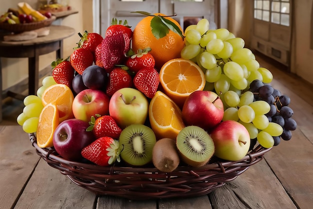 a basket of fruit including strawberries kiwi